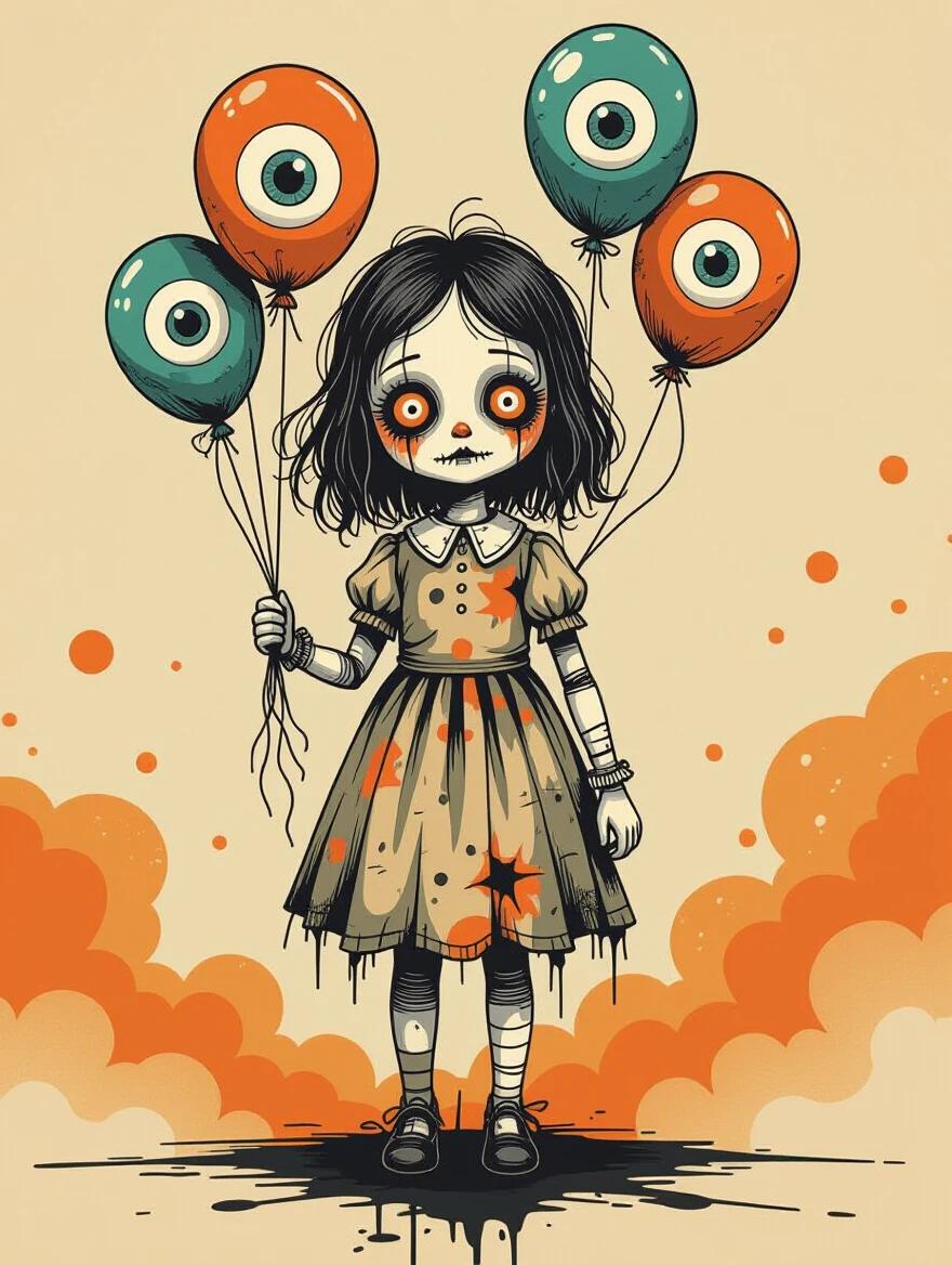 Creepy puppet girl made of stitched cloth holds surreal floating balloons shaped like eyeballs. Dark ink splatter base with orange mist clouds. Minimalist horror backdrop on pale parchment. Stylized surrealism with thin ink outlines. Haunted but whimsical energy in a nightmarish fairytale aesthetic.