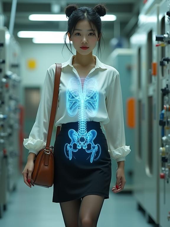 Cyborg female in a mechanical lab. Dressed in a pearl-white wrap-around blouse and black knee-length skirt. Elegant legs in sheer black pantyhose and block-heel shoes. Hair in a bun. Smiling gently. X-ray effect revealing mechanical components in torso. Bright lighting and industrial background.