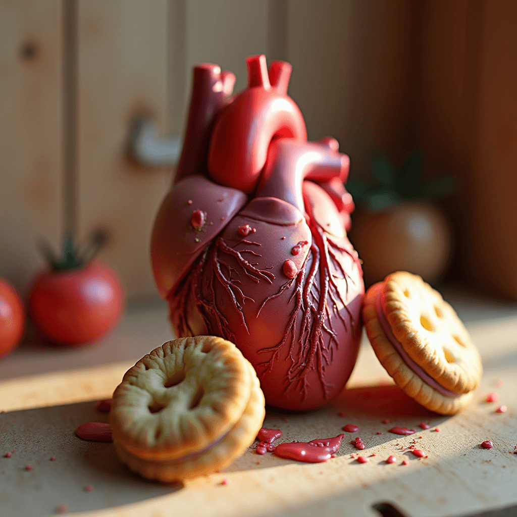 A heart-shaped object surrounded by tomato-like fruits and cookies with red filling, on a wooden surface.