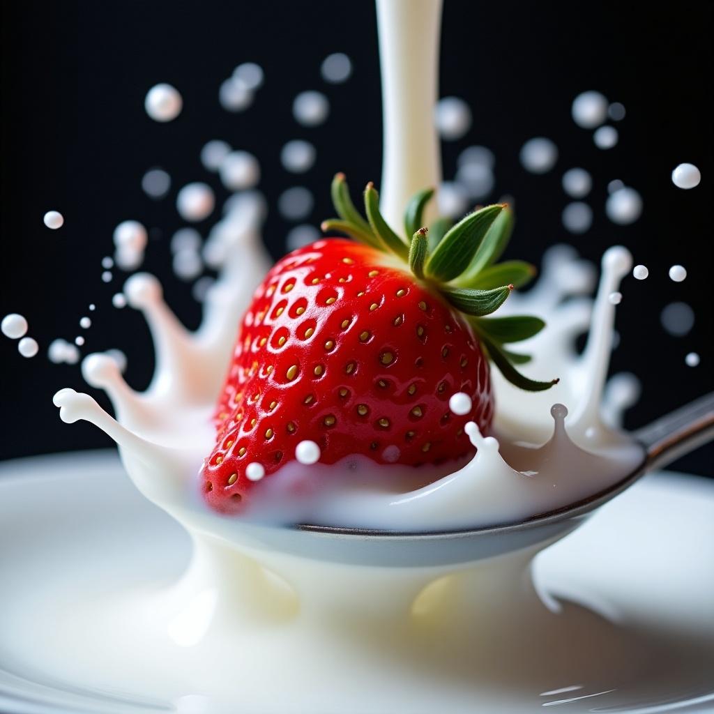 Dynamic food photography showcases a strawberry splashing with milk. Strawberry placed on a spoon. Milk captured mid-air creating droplets. Blurred background with warm lights. Vivid red strawberry against white milk. High-speed technique freezes the motion for detailed splash.