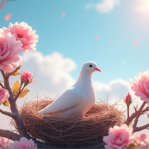 A white dove sitting softly in a nest surrounded by light pink roses. Bright light illuminates the scene with a blue sky and fluffy white clouds in the background.