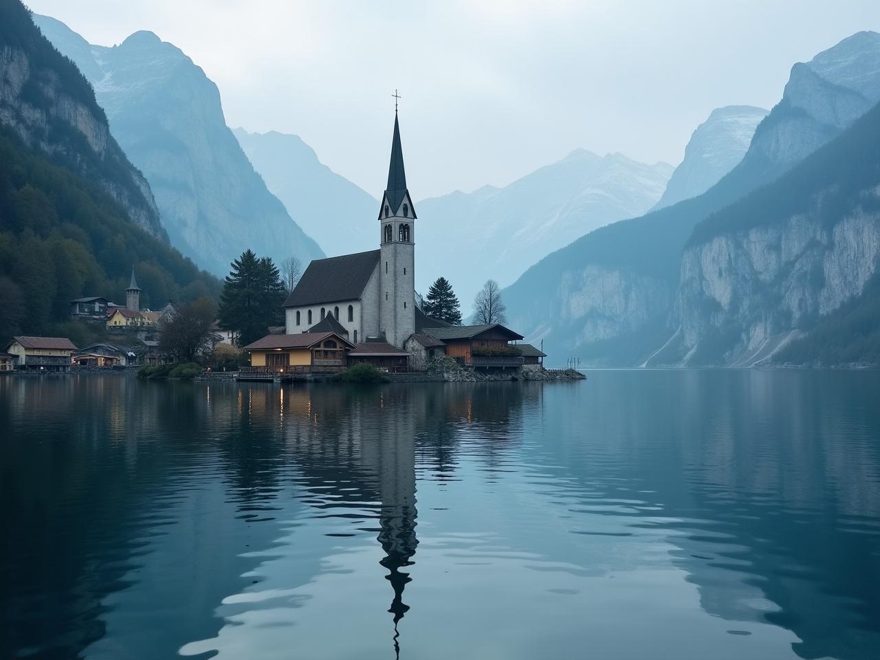 This image depicts a serene lakeside village with a prominent church at its center. Surrounded by majestic mountains, the scene is enveloped in soft lighting that adds to its tranquility. The still waters of the lake provide a perfect reflection of the church and the landscape. The peaceful atmosphere invites viewers to imagine a quiet retreat. This picturesque setting is ideal for promoting travel and nature experiences.