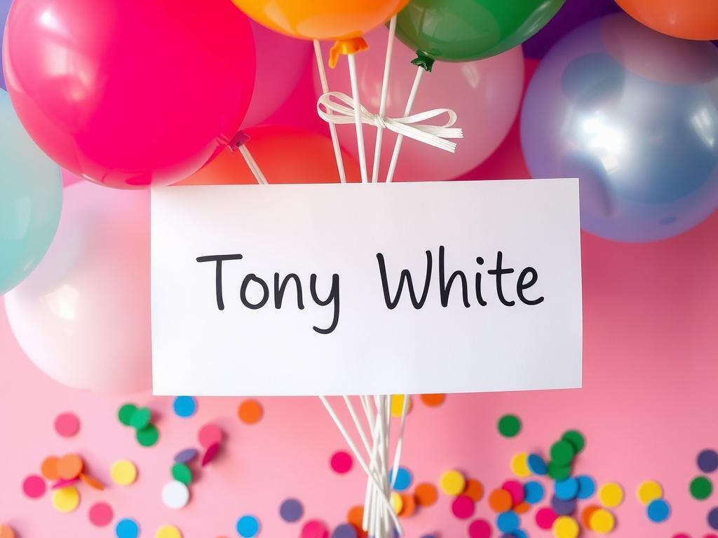 A vibrant arrangement of colorful balloons with a card labeled 'Tony White'.