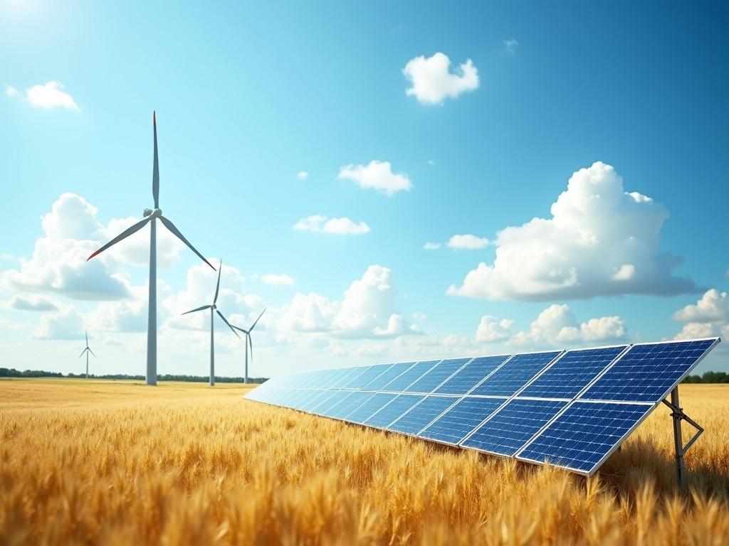 The image depicts a sustainable energy landscape featuring solar panels and wind turbines. In the foreground, there are solar panels arranged in a row, shimmering under the sunlight. In the background, a line of tall wind turbines stands against a bright blue sky filled with fluffy white clouds. The land around these energy sources is golden, representing a field, possibly of wheat. This setting combines two popular forms of renewable energy, showcasing a commitment to sustainability. The overall mood of the image is bright and optimistic, symbolizing a clean energy future.