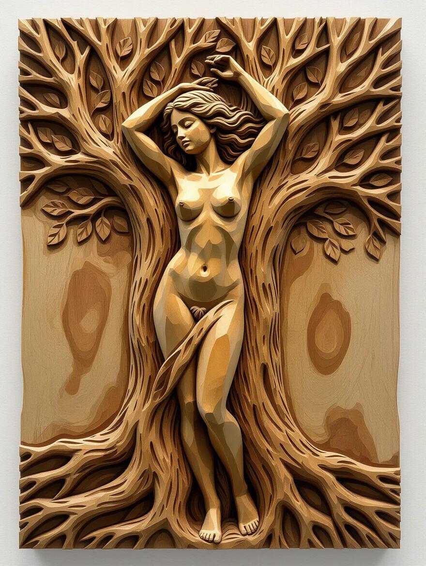3D detailed wooden relief carving of a nude woman tree with rough visible wood grain. The sculpture feels like a spirit born from the wood.