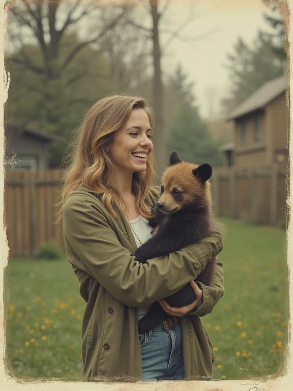 A Polaroid-style photograph captures a woman outdoors in her backyard. She holds a bear cub in her arms. The scene shows a lush green environment with soft lighting. The photograph has a nostalgic feel reminiscent of old film photography.