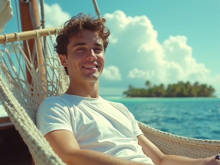 Wide angle photorealistic cinematic image of a young man resting on a hammock. He wears a white t-shirt and sports a light six-o'clock shadow. The hammock is on a sailboat near Jamaica. Background includes blue ocean, palm trees, and huge white clouds in a bright sunny day.
