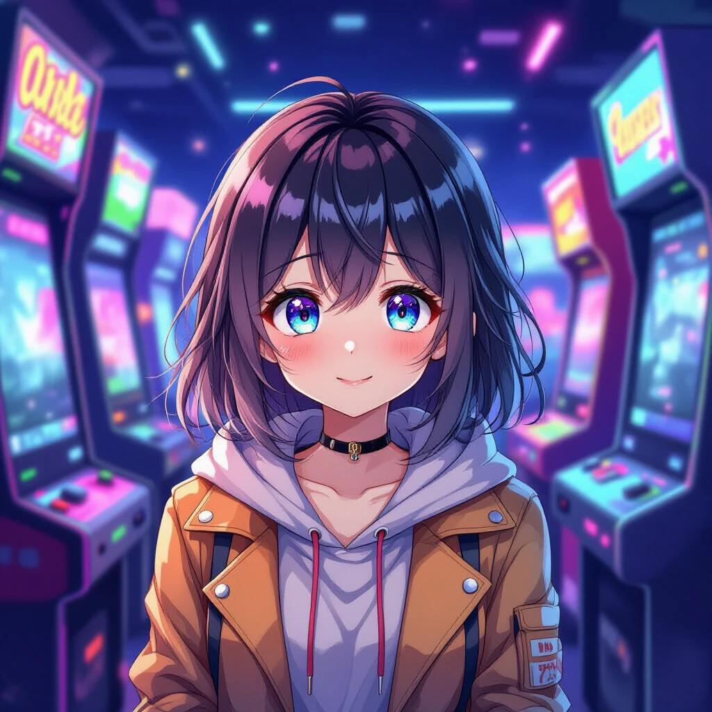 Anime girl stands in an arcade full of vibrant lights. She wears a yellow jacket and a hoodie. The scene is lively with various arcade machines in the background.