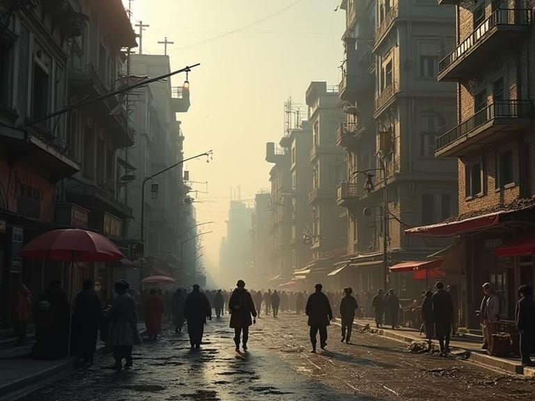 Scene from the year 3025. Dystopian street filled with people. Fog covers the ground. Buildings show signs of decay. Atmosphere reflects dictatorship and war. Silhouettes of figures walking.