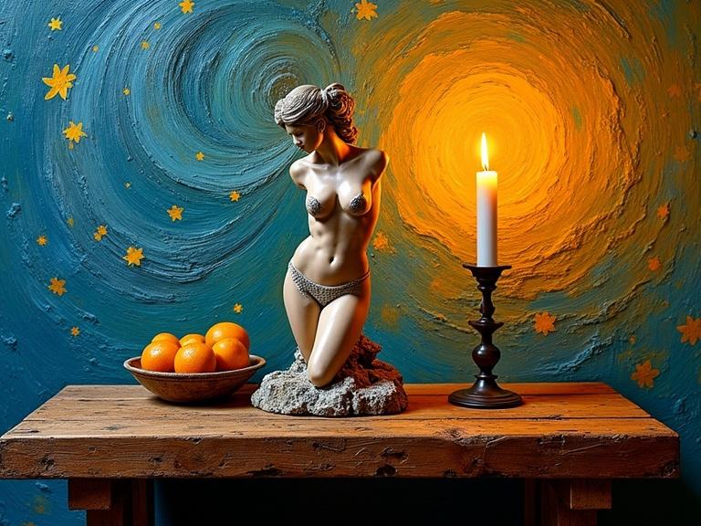 A still life with a wooden table. An erotic female sculpture with a visible panty line on it. A flickering candle with a golden flame. Background is swirling wall painted in bold styles. The textures are sculptural. Shadows are dynamic.