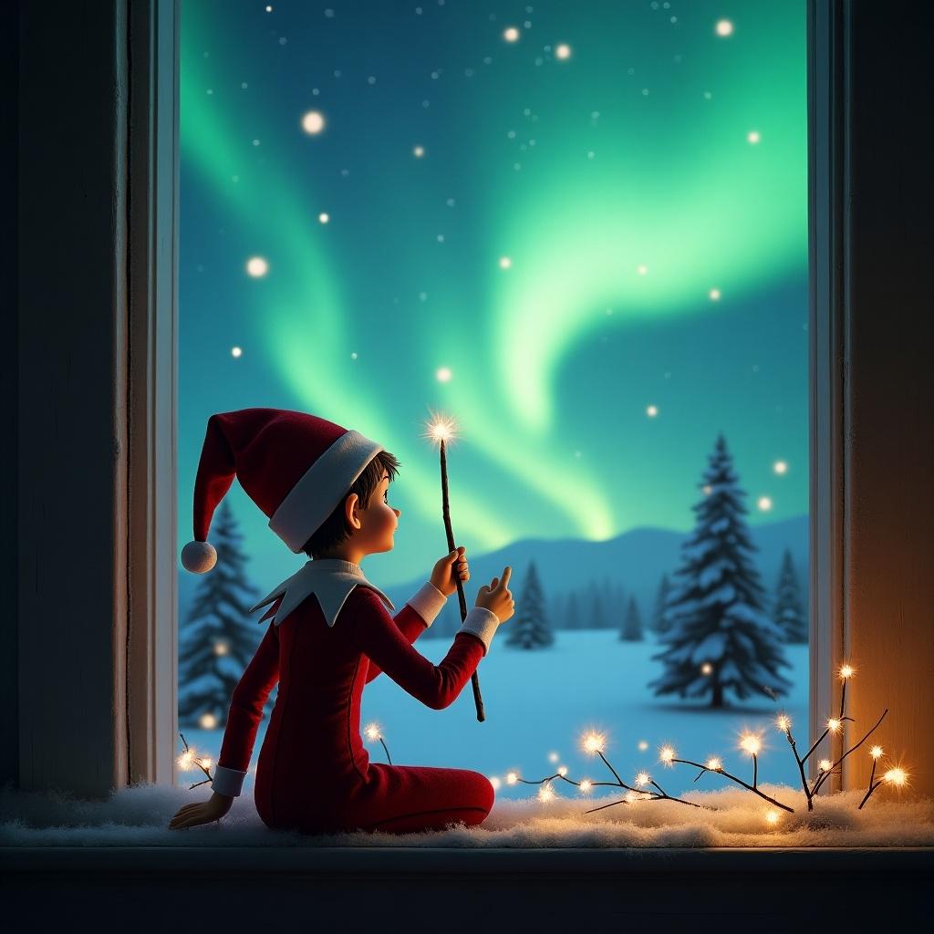 The scene depicts an elf on the shelf sitting by a window, gazing at the magical northern lights in the sky. With his back to the viewer, he holds a wand to write 'Freyja' in the air. The background reveals a snowy landscape, pine trees, and a distant outline of Santa's workshop. The ambiance is festive and enchanting, evoking a spirit of joy and wonder. Subtle twinkling fairy lights adorn the windowsill, adding to the cozy holiday feel.