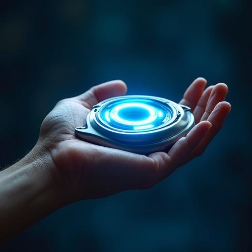 Hand holds a silver metallic sci-fi device with glowing blue LED in a dark blue background. The device features spiral rings and reflects light. The image emphasizes realism and details.
