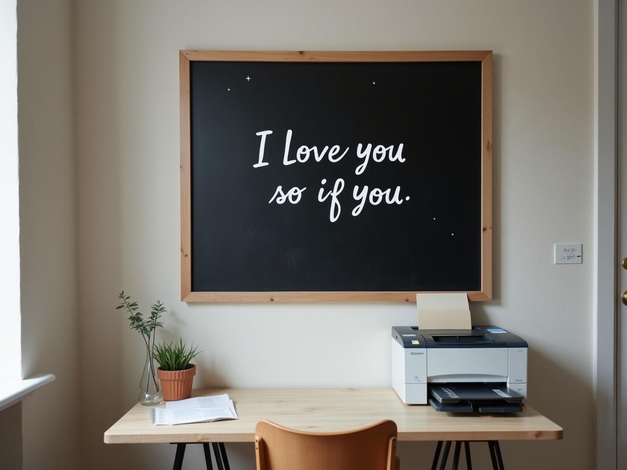 The image features a minimalistic home office setup with a warm wooden desk and a blackboard hanging on the wall. The blackboard has a white handwritten message that reads 'I Love you so if you.' A small potted plant adds a touch of greenery next to a white printer. The space is well-lit with soft natural light, emphasizing a clean and inviting atmosphere. This composition reflects a cozy work environment that inspires positivity and creativity.