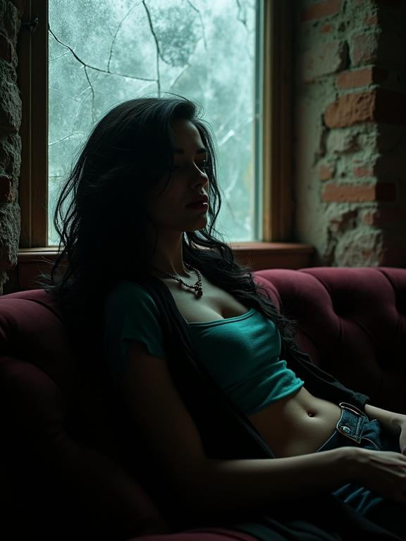 Silhouette photo of a model against a weathered glass window. She leans left on a Victorian deep wine couch. Black hair with waves covering one eye. Wearing a black shawl and turquoise shirt. Shy smile with full lips. Dark mascara and eyeliner. Surrounded by dusty books.