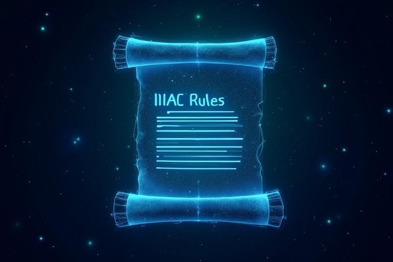 Dark blue starry background. Centered semi-transparent futuristic digital scroll unrolling. Titled 'WAC Rules'. Twelve glowing white lines. Subtle green and blue light effects around scroll to symbolize tech and AI.