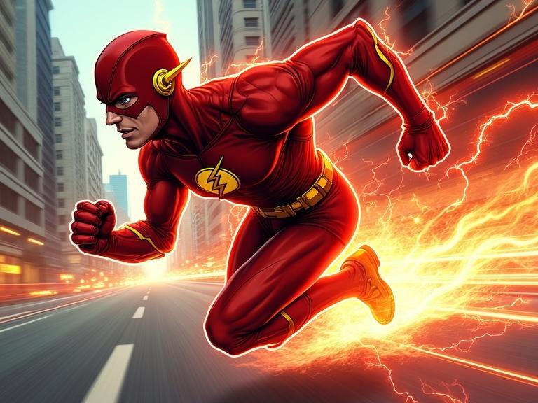 The Flash in a dynamic action shot. Iconic red and yellow suit. Sprinting at super-speed on a city street. Red and yellow Speed Force lightning surrounds him and creates motion blur. Mid-stride, leaning forward with focus. Background blurred to highlight his speed. Comic book art style with vibrant colors and clean lines.