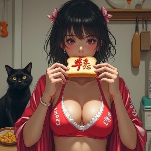 An Akihabara-style idol in gym clothes eats a slice of bread with ketchup and mayo. A black cat and Q-taro the Ghost appear in the background. The idol shows a surprised expression with intriguing details around her. The overall image features photorealistic quality and dynamic colors.