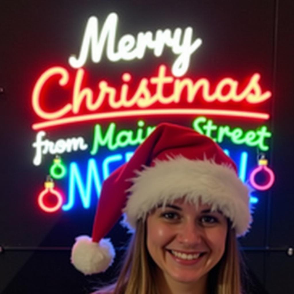 Image features a person in a festive Santa hat. Behind is a bright and colorful neon sign saying Merry Christmas from Main Street Medical. The design includes colorful ornaments, creating a cheerful holiday spirit.