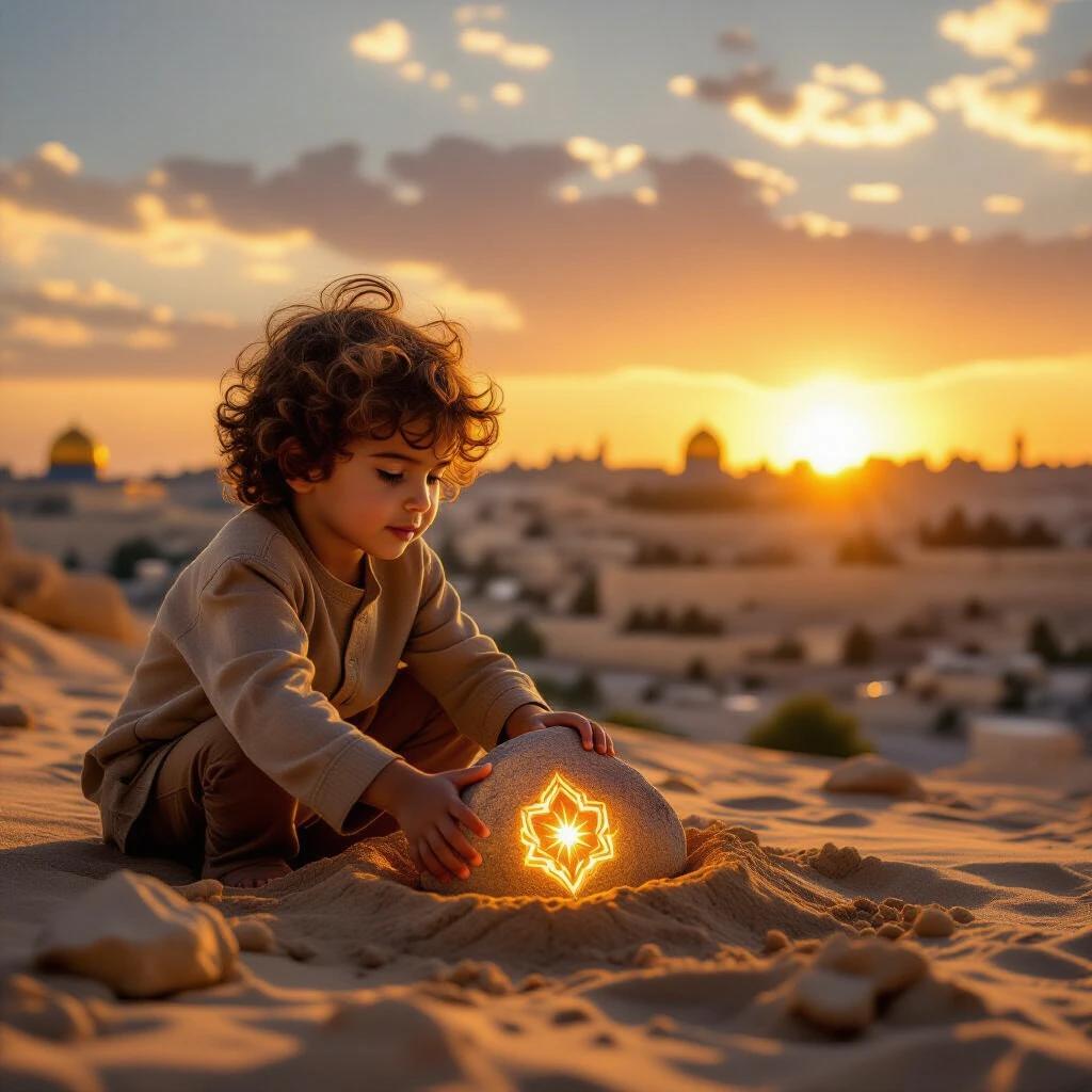 A young Middle Eastern child discovers a glowing stone buried in the sand at sunset. The backdrop features Jerusalem’s ancient skyline. The image depicts themes of legacy and discovery in a mystical setting.
