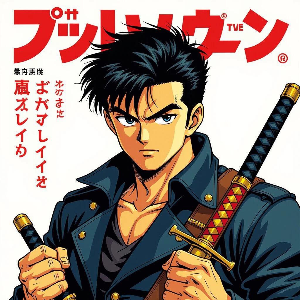 An illustrated manga man stands confidently with traditional swords. The character is depicted in a detailed style. The vibrant colors are striking and appeal to fans of anime. The character's pose is dynamic and full of energy. Emphasis on costume details and weaponry. Suitable for manga-themed merchandising or promotional materials.
