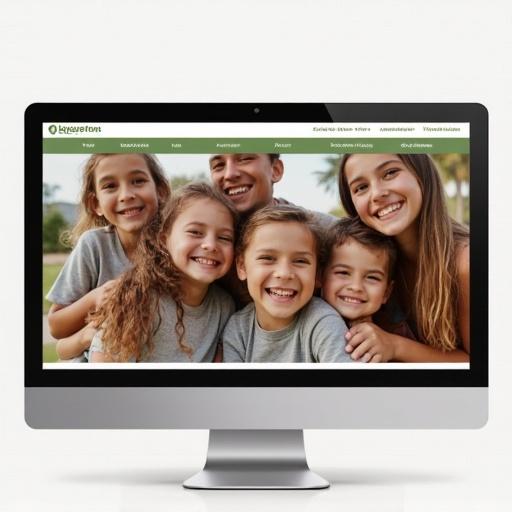 Website showcasing a young family on a computer screen. The family appears happy and is engaged with the camera. The design is clean and modern with a green header and soft colors.