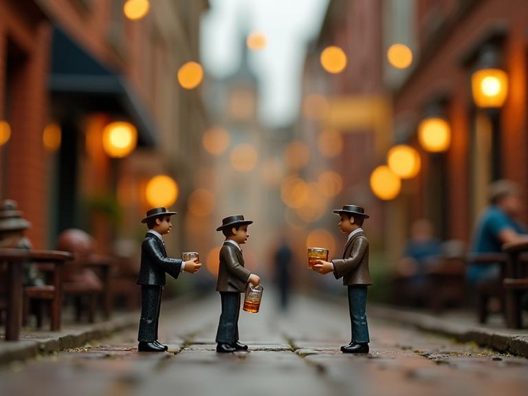 Three tiny toy men in a street scene. They are interacting with drinks. Warm lights create a cozy atmosphere. The street is cobblestone with blurred background elements.