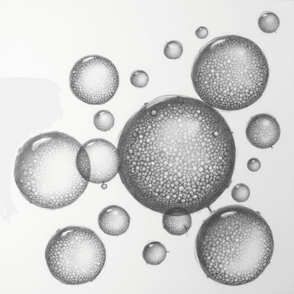 The image displays various sizes of textured spheres on a white background, resembling bubbles or planets.