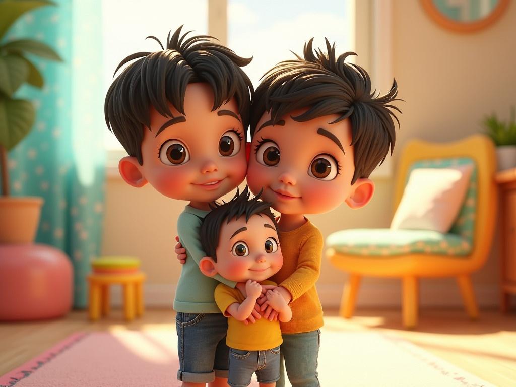 Transform the image into a whimsical 3D Pixar-style cartoon featuring two young siblings. The older sibling holds the baby closely, with both children showcasing playful expressions. The background should be bright and colorful, emphasizing a cheerful atmosphere. Add vibrant textures to their clothing, emphasizing the patterns and colors. Ensure the surroundings complement the characters, like a sunny room or a playful playroom setting. The overall image should be sharp and sophisticated with a lively feel, presented in a 16:9 aspect ratio.