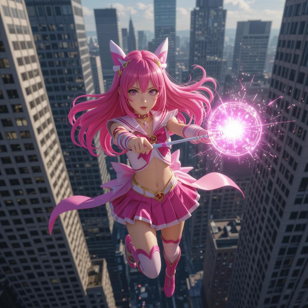 Photorealistic young girl with pink hair. She wears a miniskirt and magical girl attire. She points a glowing magic wand at the viewer. She is flying among tall skyscrapers.