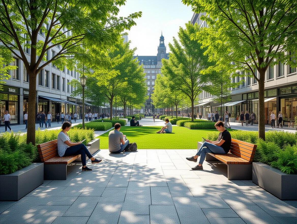 Image features a lush green public space with trees and seating. People are sitting on benches and walking around, enjoying the open area. This is designed from a ground perspective with an angled view showing the surroundings.