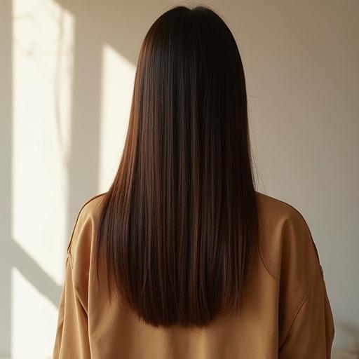 Japanese beautiful straight hair back of head in bright room