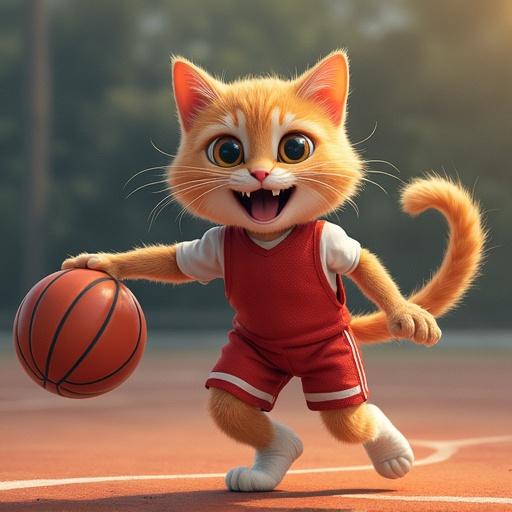 A cute orange cat dressed in a red basketball outfit plays basketball on a court. The cat has big expressive eyes and appears joyful while dribbling a basketball. The background features greenery and a basketball court.