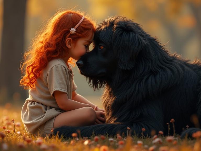 A heartwarming scene features a young girl with vivid red hair sitting closely with a large shaggy black dog. Both are enjoying a serene moment in a sunny outdoor environment. Warm sunlight filters through the trees, creating a peaceful atmosphere.