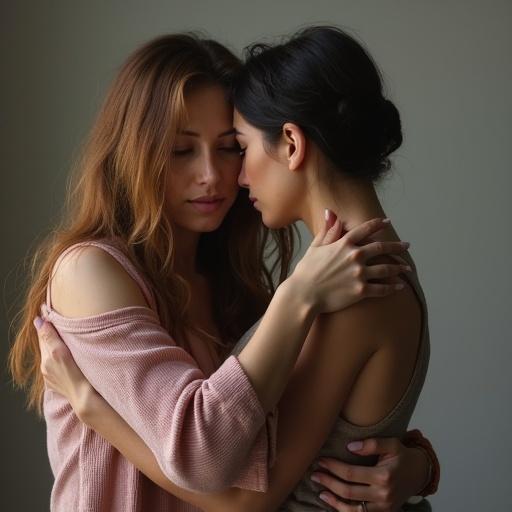 Two women embrace. One woman with long hair. Another woman with dark hair. Close interaction expressing affection.