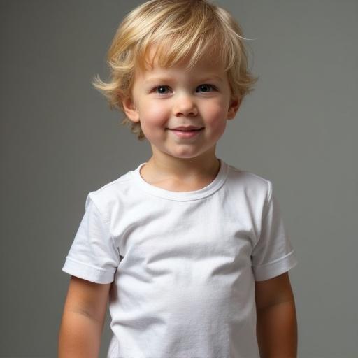 Full body realistic photo of a 5 year old child with blonde hair wearing a white shirt. The child appears cheerful and engaging, standing confidently.