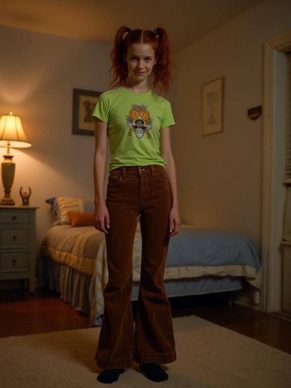 Screenshot from a home movie set in a bedroom. Woman stands confidently with a cheeky smirk. Messy dark red pigtails frame her face. She wears a bright lime-green t-shirt with a fun graphic. A pair of long brown corduroy bellbottoms flare at the bottom and cover her feet. The room glows warmly, creating a cozy ambiance.