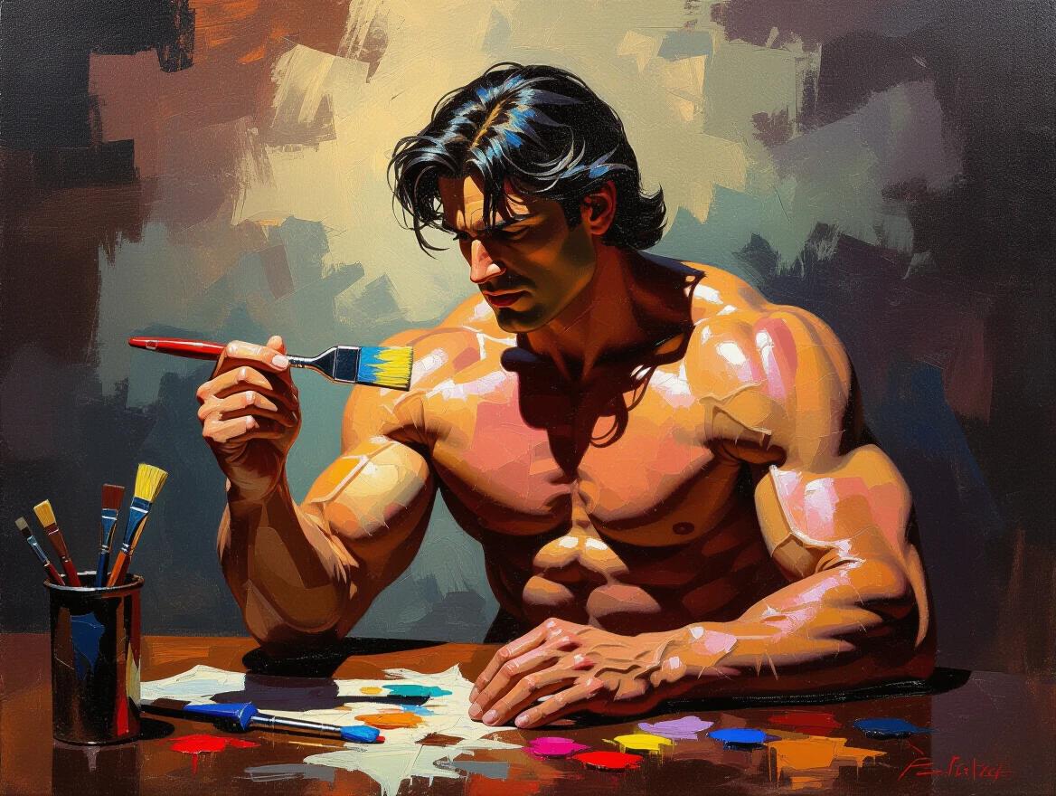 A muscular artist holds a palette knife. The artist displays strength and creativity. The scene features vibrant colors and dramatic lighting. The arm's muscularity is pronounced. A collection of varying paintbrushes and colors is present on the table.