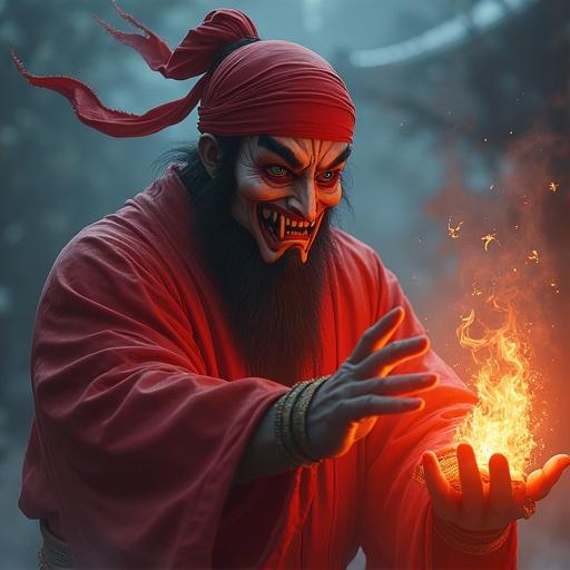A male game character wears a red headscarf and a Chinese Nuo mask. Features long fangs and big evil eyes. Dressed in a robe and surrounded by an evil energy. Holding a talisman paper. Set in a mysterious outdoor scene at night with incense and smoke. The character is close to the camera in a weird dancing pose. Emphasis on action and atmospheric perspective. Character is illuminated, focused, and detailed in style.