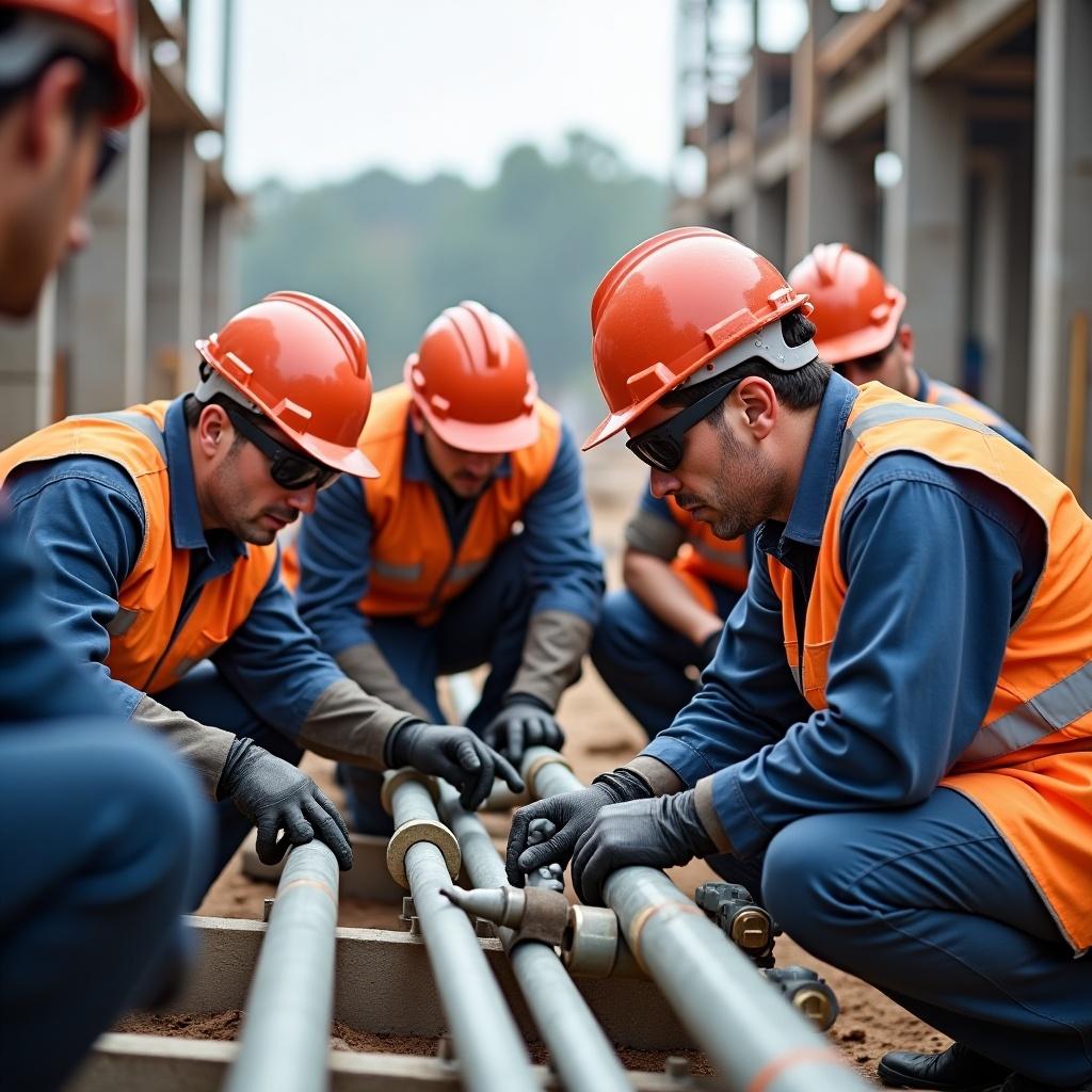 This image features a group of construction workers, primarily plumbers, working diligently on a job site. Dressed in bright orange safety vests and hard hats, they are focused on connecting pipes. The environment is outdoors, showcasing a construction setting with partially built structures. The workers are collaborating closely, demonstrating teamwork as they tackle their plumbing tasks. The overall atmosphere conveys diligence, professionalism, and a commitment to safety.