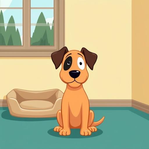 A cartoon dog is seated in a room. The dog is light orange-brown with dark brown ears and a black nose. It has one black eye and one white eye. The dog has a long snout and sits on a teal carpet. A light beige dog bed is next to the dog. The walls are pale yellowish-tan. A window shows trees outside. The view is slightly above eye level. The style is classic cartoon with bold lines and flat colors. The lighting is sunny. The atmosphere is calm and friendly.
