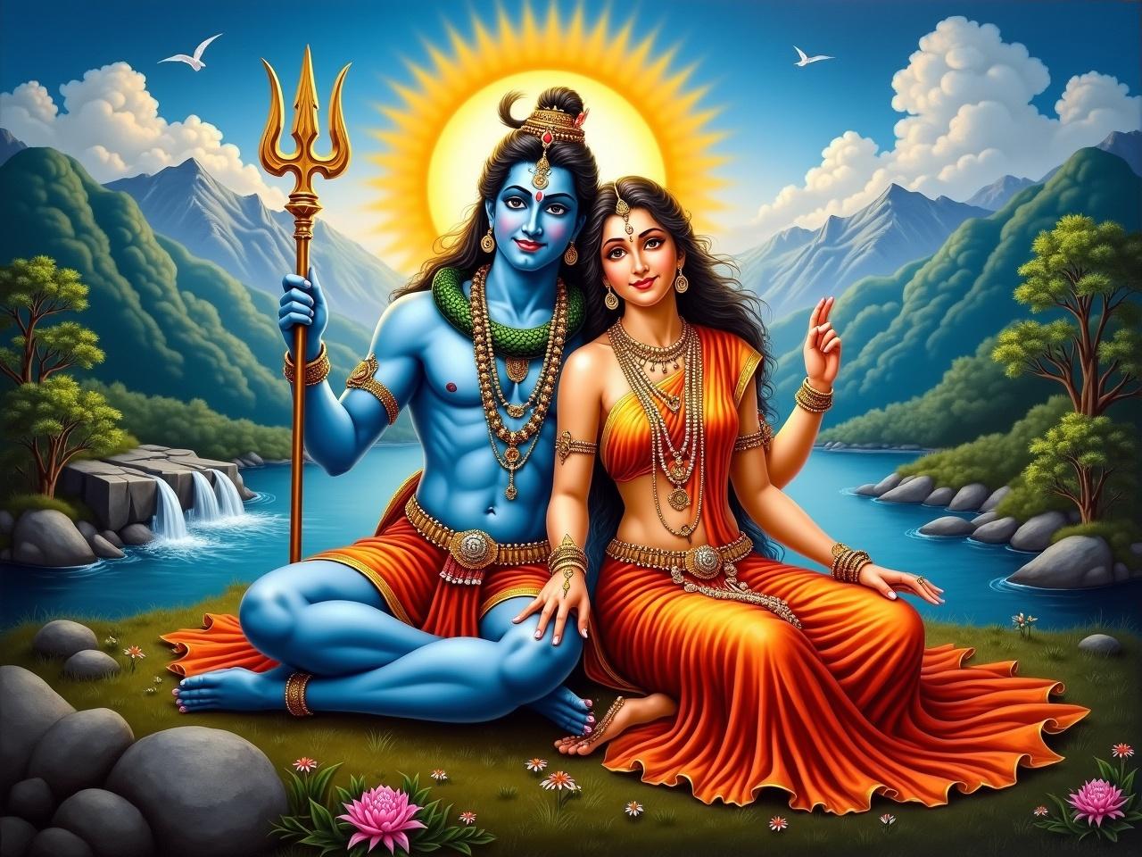 The image depicts a vibrant and colorful painting of two divine figures sitting together. One figure is a male deity, recognized by a snake wrapped around his neck and holding a trident, while the other is a female figure adorned with jewelry and elegant attire. They are surrounded by a picturesque natural landscape, including mountains, trees, and flowing water. The scene has a celestial aura, with a radiant glow behind the male figure. The colors are rich and vivid, conveying a sense of peace and divinity.