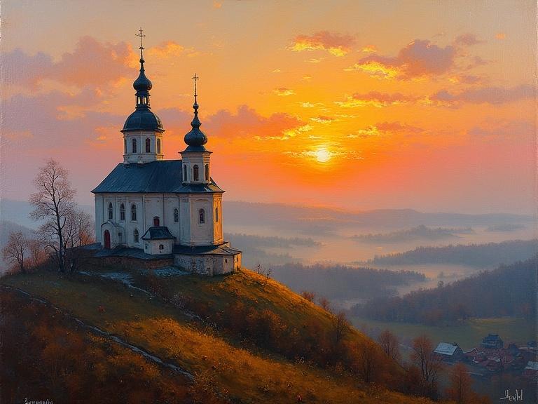 A striking Orthodox church situated on a hillside at sunrise. A misty village is visible in the valley below. The painting uses thick impasto strokes with a warm and cool color blend, reflecting impressionist style.