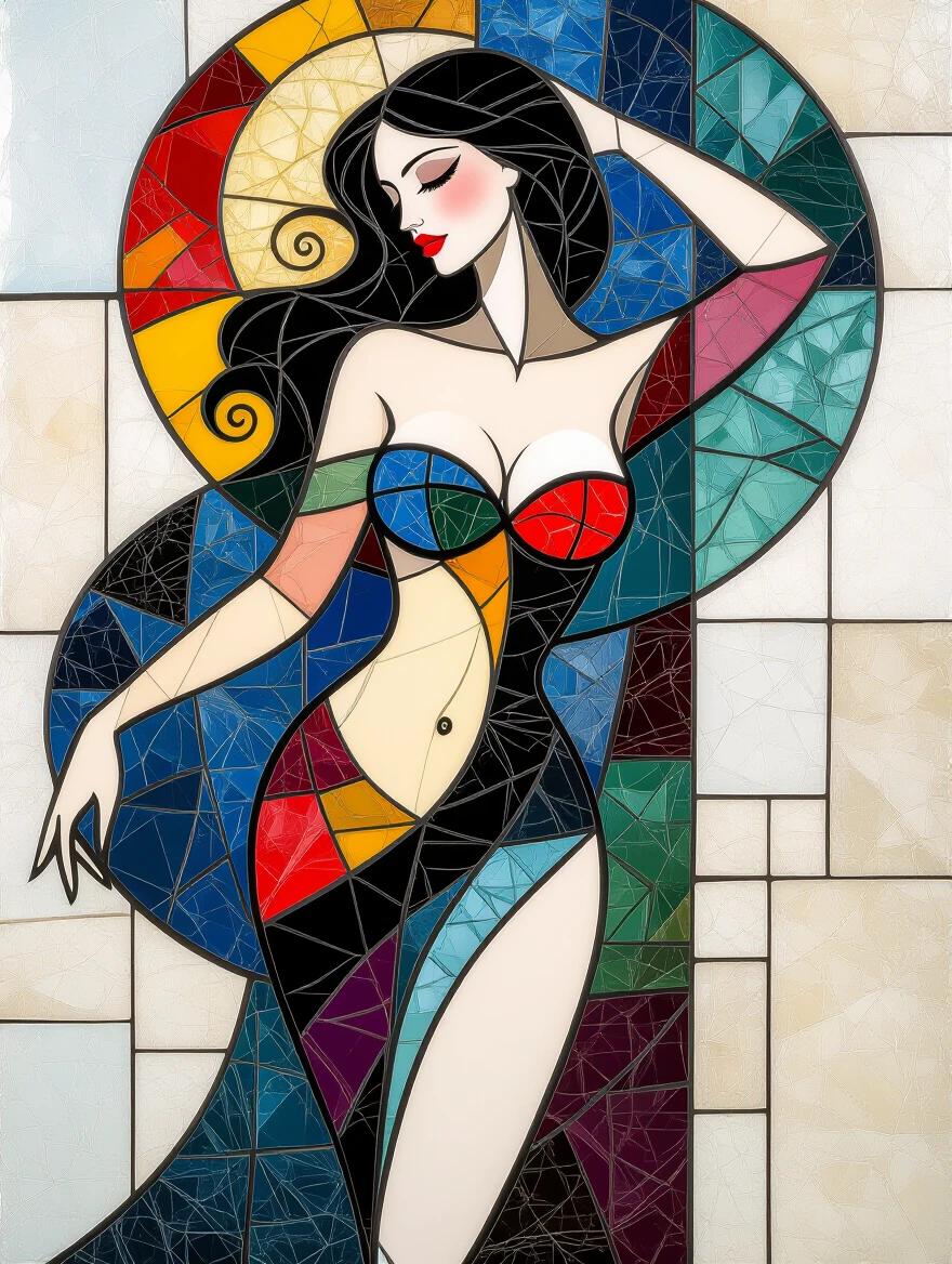 Mosaic artwork depicting a glamorous woman in a stylized pose. Features vibrant colors and geometric patterns reminiscent of Gothic and Baroque styles. Combines ceramic tiles and glass elements in an abstract design.