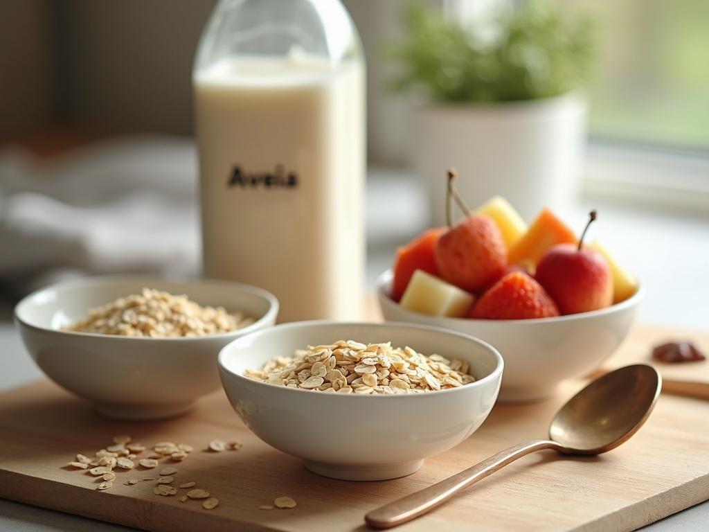 A kitchen preparation table features a bowl of raw oats. A carton of oats labeled 'Aveia' is visible. A bowl contains assorted cut fruits in chewable pieces. A bottle of milk stands behind the fruit. A serving bowl is in front with a spoon beside it.