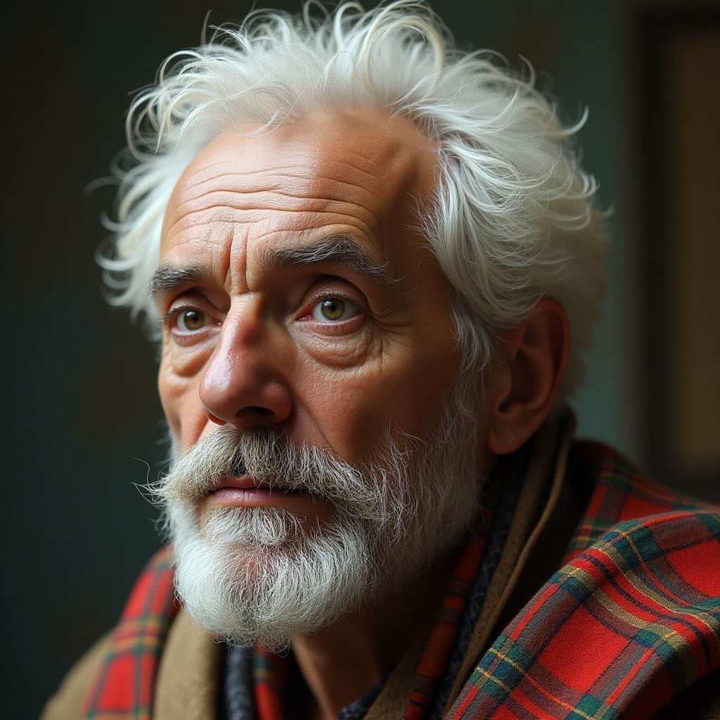 An elderly person with white fluffy hair wearing a traditional outfit wrapped in a colorful shawl. The background is softly blurred.