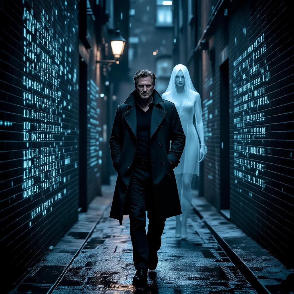 A former spy handler walks down a rain-slick London alley. Encrypted codes flicker across brick walls. A ghostlike figure appears behind him.