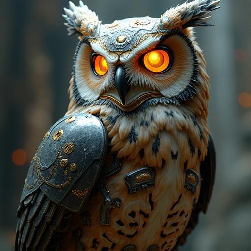 Mechanical owl with intricate features. Owl has luminous eyes and a futuristic ambiance. Digital artwork with metallic paints. Stylized robotic owl features detailed metallic feathers. Printed and embellished for depth and shine.