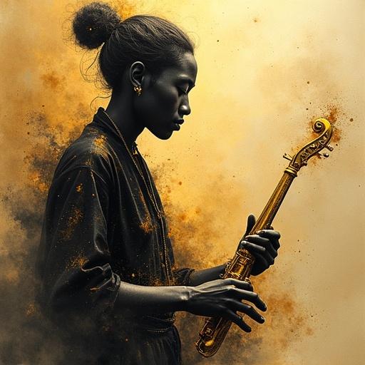 Musician in a steampunk theme holds a golden instrument. Background consists of black-gold mist. Creative and vibrant portrayal of music. Detailed artistic style with textural elements. Evokes a sense of beauty and creativity.