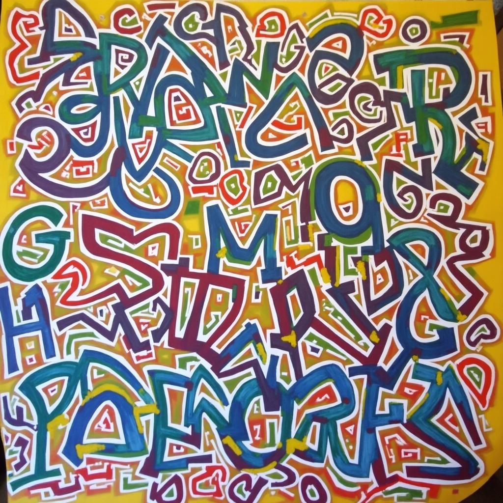 Graffiti artwork filled with words in vibrant colors using PXA. Energetic and lively composition.