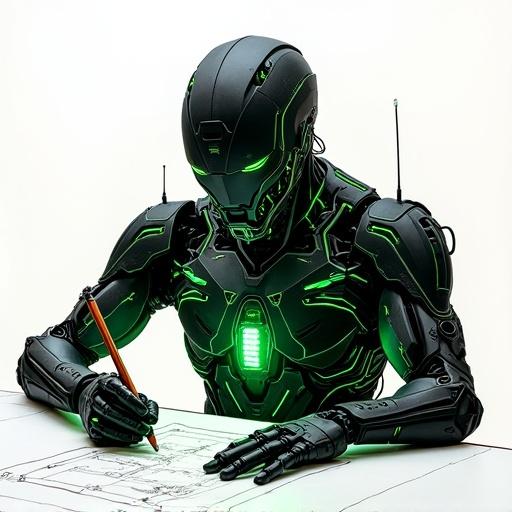 Cybernetic warrior in sleek armor draws on paper. Armor features glowing circuitry. Black and neon green color scheme. White background emphasizes details. Warrior uses pencils with right hand.